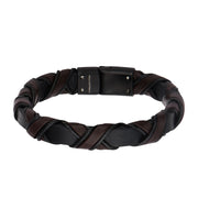 Black Plated Clasp with Woven Black & Dark Brown Leather Bracelet