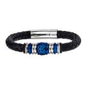 Steel & Blue Plated Bead in Black Braided Leather Bracelet