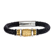 Steel & Gold Plated Bead in Black Braided Leather Bracelet