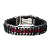 Red & Black Weave Leather with Steel Chain Bracelet