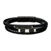 Black Leather with Black & Steel Bar Bracelet