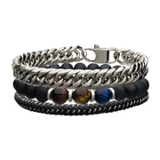 Black Braided Leather, Stone Beads & Stainless Steel Curb Chain Stackable Bracelet