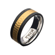 Stainless Steel & Carbon Fiber with Gold IP Hammered Ring