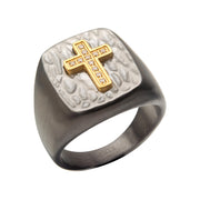 Gold IP Cross with Clear CZs on Hammered Signet Ring