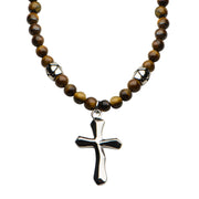 Tiger Eye Beads with Steel Cross Pendant Necklace