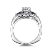 14K White Gold Diamond And Baguette Sapphire Engagement Ring