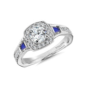 14K White Gold Cushion Shape Diamond Halo And Blue Sapphire Baguette Engagement Ring