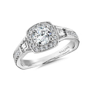 14K White Gold Cushion Shape Diamond Halo And Baguette Engagement Ring