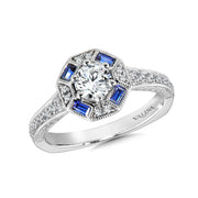14K White Gold Vintage Diamond And Sapphire Halo Engagement Ring