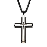 Stainless Steel Black Plated with Black CZs at the Center Cross Pendant with Black Wheat Chain Necklace