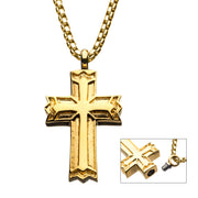Stainless Steel & Gold IP Stash Gothic Cross Pendant Gold IP Box Chain Necklace