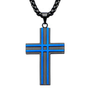 Matte Black/Blue IP Layer Cross Pendant with Chain Necklace