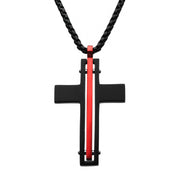 Dante Black & Red Matte Thin Red Line Cross Pendant with Round Box Chain Necklace