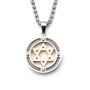 Steel Gold Plated Star of David with Cable Inlayed in Circle Pendant