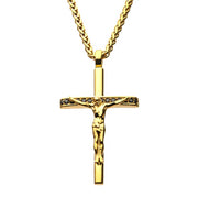 Stainless Steel Gold Plated with Black CZ Jesus Christ Crucifix Cross Pendant with Wheat Chain Necklace