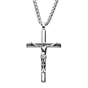 Stainless Steel with Black CZ Jesus Christ Crucifix Cross Pendant with Wheat Chain Necklace