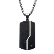 Stainless Steel Thin Line Crocodile Dog Tag Pendant with 2mm Clear CZ & Steel Chain Necklace