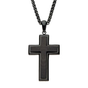 Stainless Steel in Black Carbon Fiber Cross Pendant with Black Spiga Chain Necklace