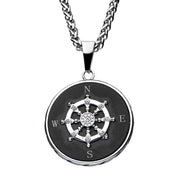 Stainless Steel Black Plated Ship's Wheel Compass Pendant with Chain Necklace