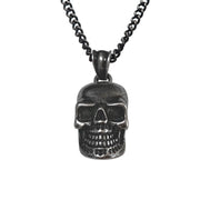 Antiqued Stainless Steel Skull Pendant with Black IP Chain Necklace