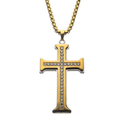 Clear CZ Gold Plated Cross Pendant in a Steel Frame with Chain Necklace