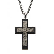 Steel Carbon Fiber Cross Pendant with Steel Wheat Chain Necklace