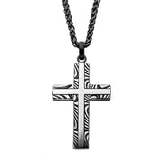 Stainless Steel Damascus Cross Pendant with Black Round Wheat Chain Necklace