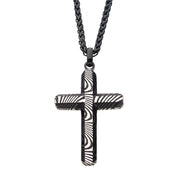 Stainless Steel & Black Plated Damascus Cross Pendant with Black Round Wheat Chain Necklace