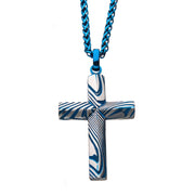 Blue Plated Damascus Cross Pendant with Blue Round Wheat Chain Necklace